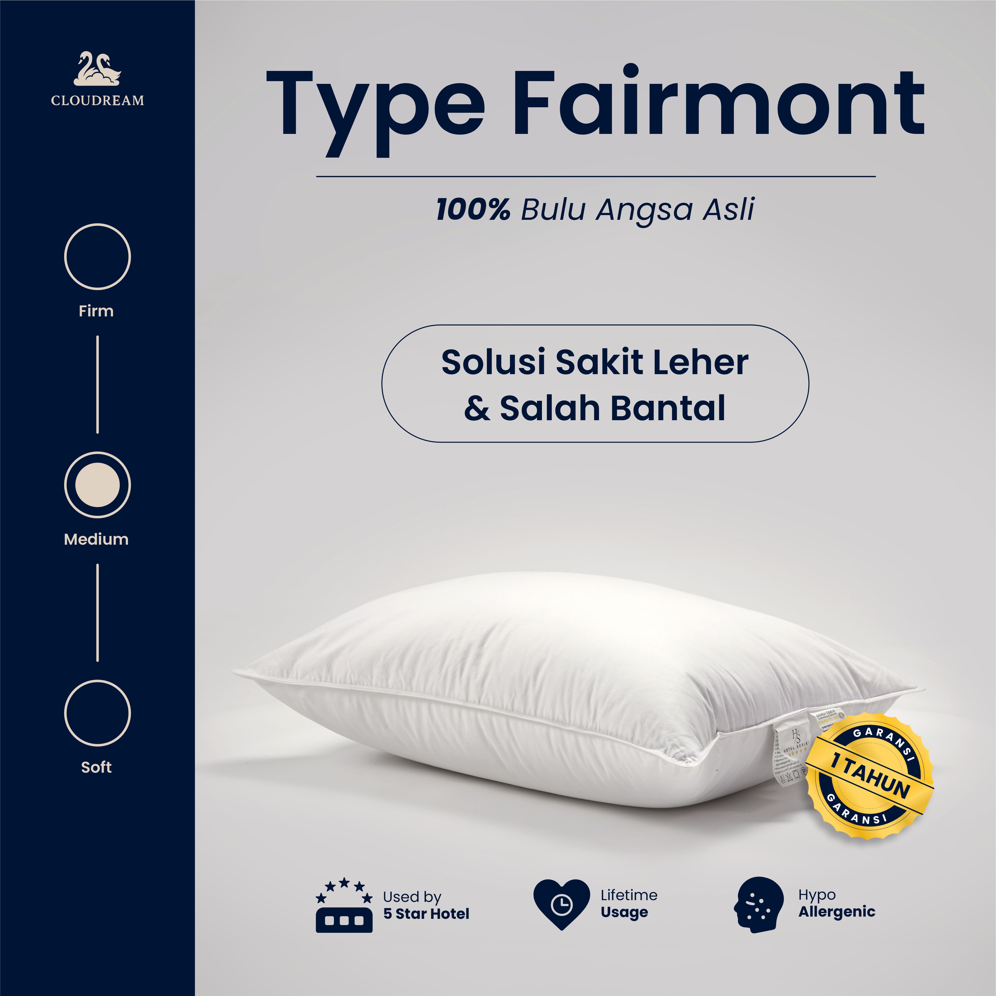 Bantal Hotel Fairmont 100% Bulu Angsa Asli